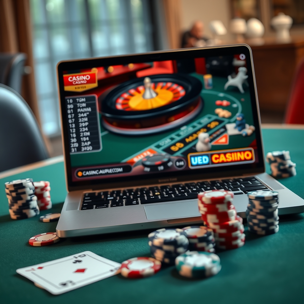 An sg online casino Guide to Games, Terms, and Safer Choices Laptop showing an online casino roulette game beside playing cards and casino chips