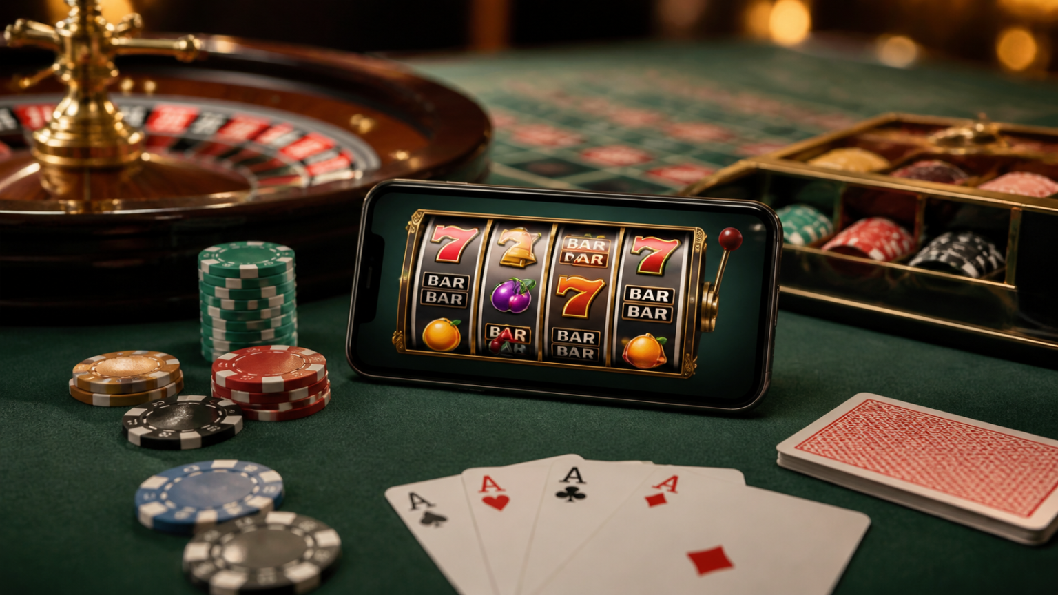 Online casino games on a smartphone with casino chips
