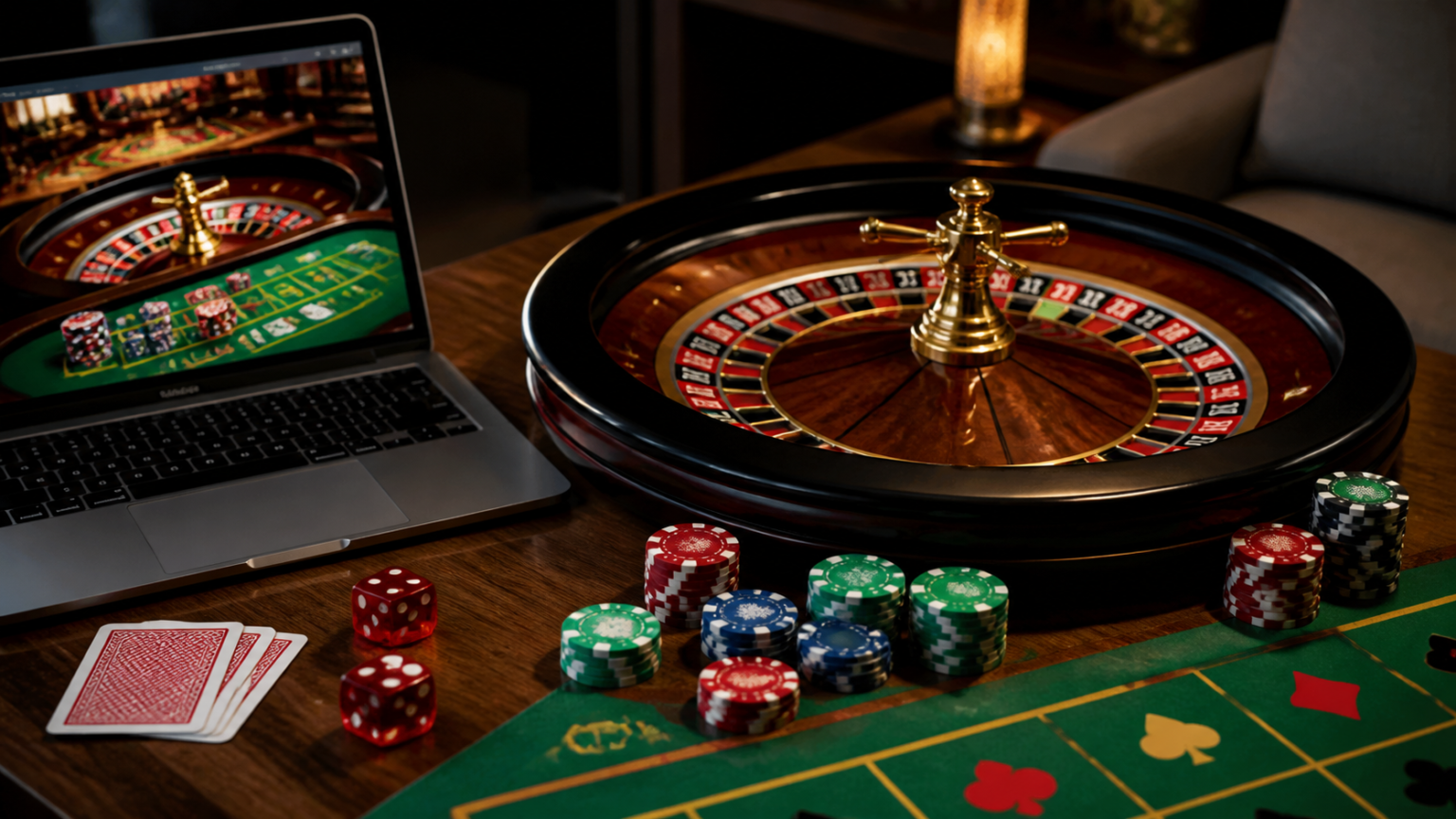 Laptop with online casino games and chips on a casino table