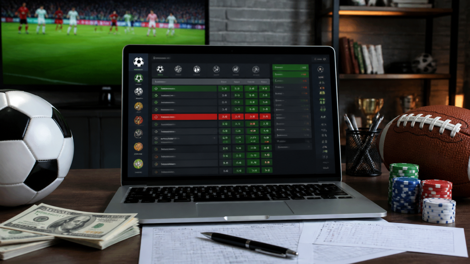Sports betting laptop with live odds and football match