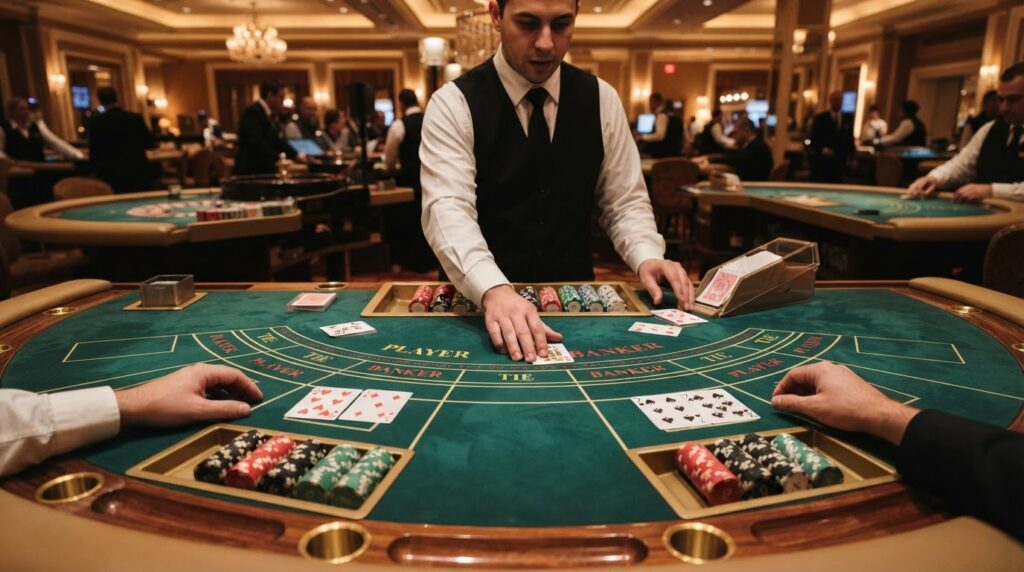 Bàn chơi baccarat trong sòng bài với bộ bài và các chip cược