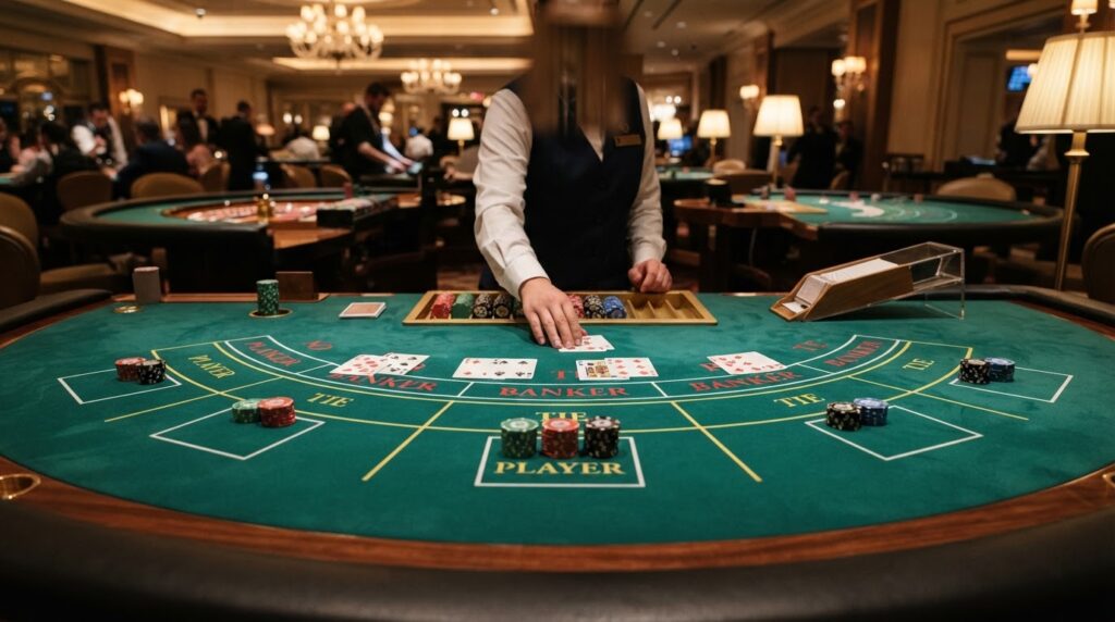 Cẩm Nang Baccarat Trực Tuyến: Luật Chơi Và Kinh Nghiệm Bàn chơi baccarat trực tuyến với bài Tây và chip cược tại sòng bài