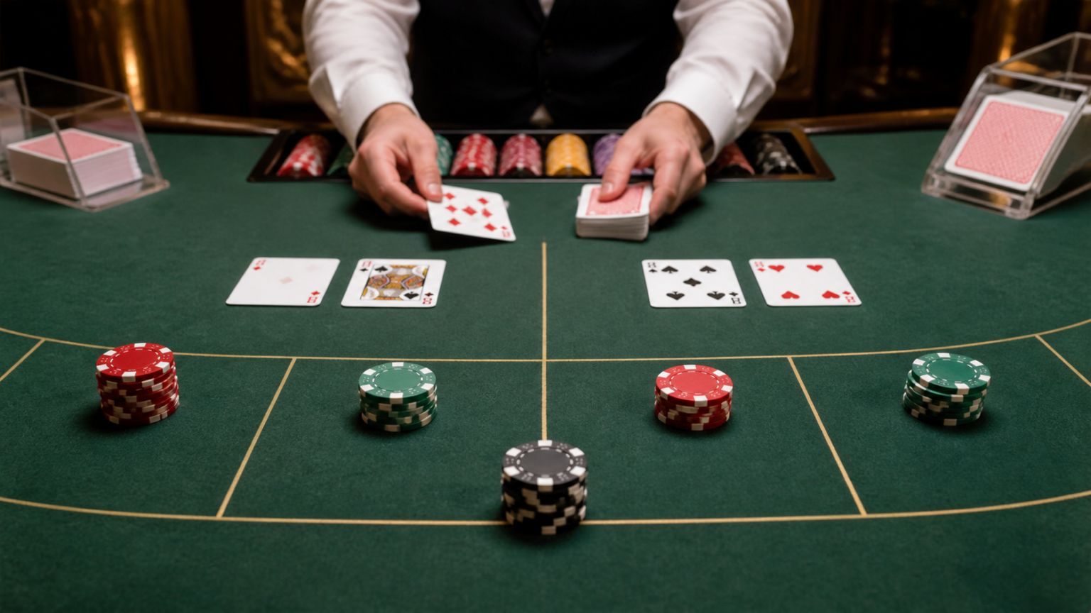 Bàn baccarat với bài và phỉnh trong một ván chơi tại casino