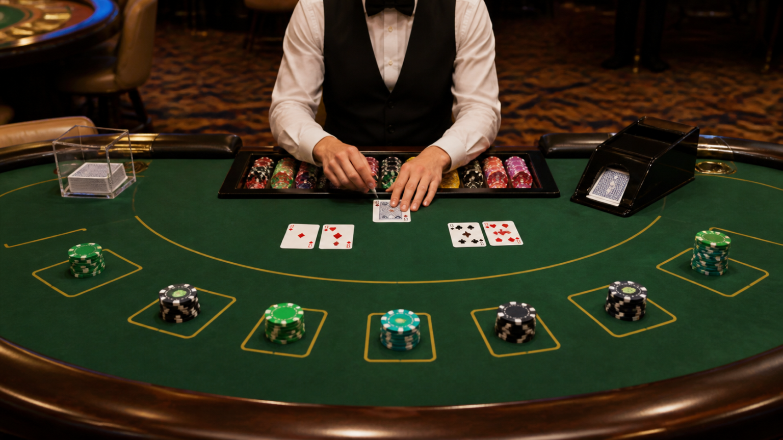 game bài baccarat: Luật chơi và cách đọc bàn cược Bàn baccarat với bài và phỉnh trong một ván chơi tại casino