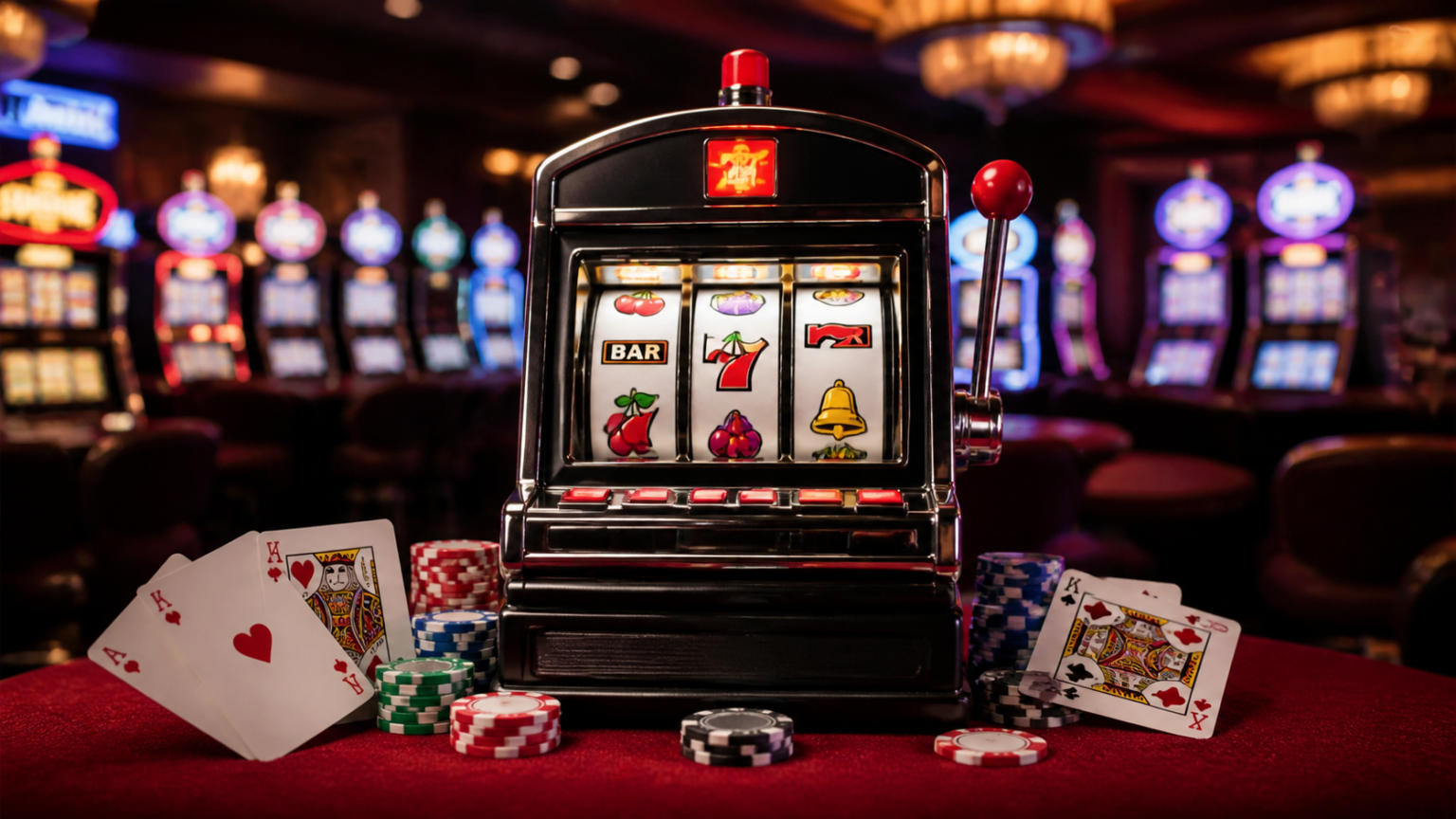 Casino gaming setup with slot machine and playing cards
