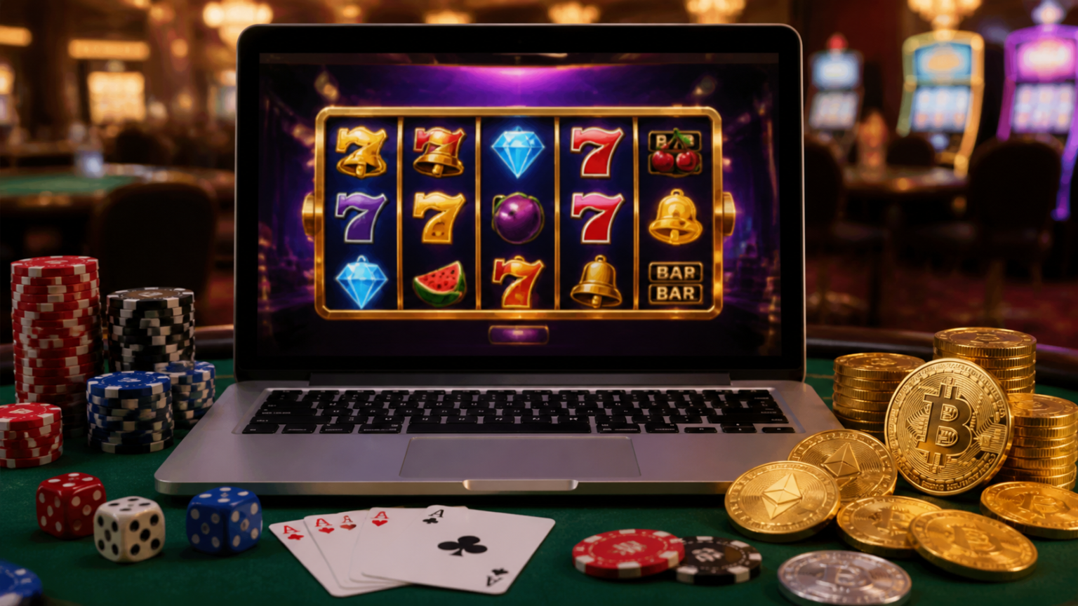 Casino interface with crypto coins and online slot game