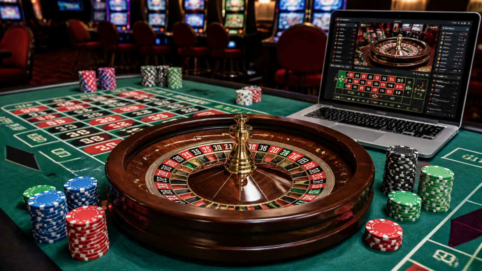 Laptop showing online betting sites in a casino setting