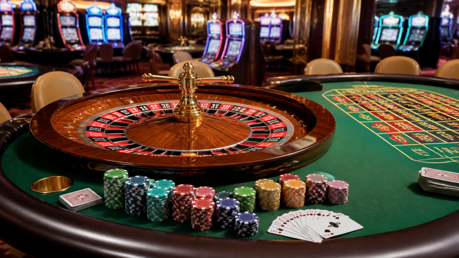 Casino roulette table with chips and cards