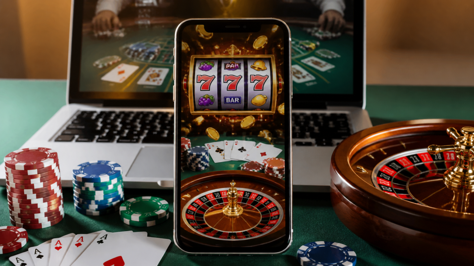 Smartphone showing an online casino interface with slots and roulette