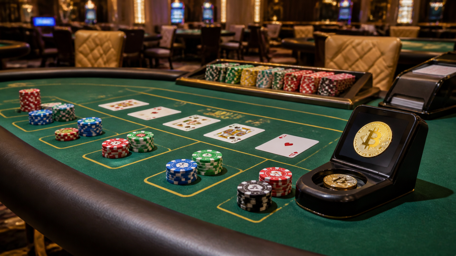 ビットコイン オンラインカジノの入出金とセキュリティを確認する方法 Crypto casino table with cards, chips, and digital coin payment device