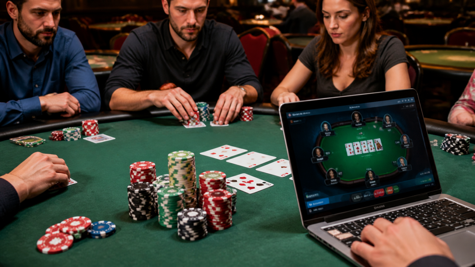 online poker real money: Practical Guide for Smarter Play Players at a poker table with chips and cards