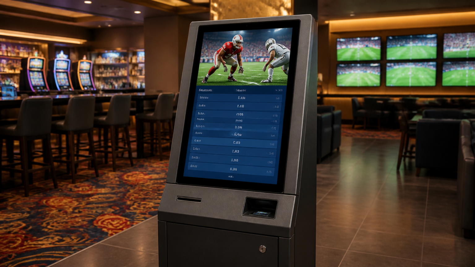 sports betting sites Singapore: A Careful Player’s Guide Sports betting kiosk showing football match odds in a casino-style lounge