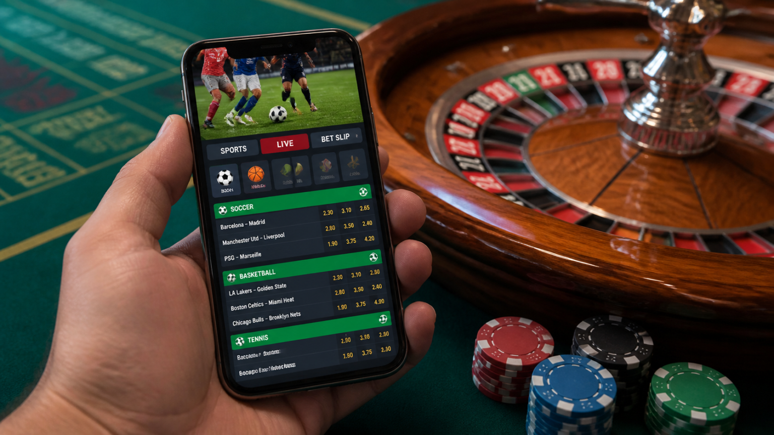 Start with the experience you actually want: Singapore betting sites Smartphone showing a sports betting website beside a casino roulette table