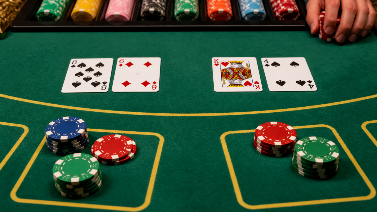 Exploring Popular Games Available at an SG Online Casino โต๊ะบาคาร่าในคาสิโนพร้อมไพ่และชิปบนผ้าสักหลาดสีเขียว