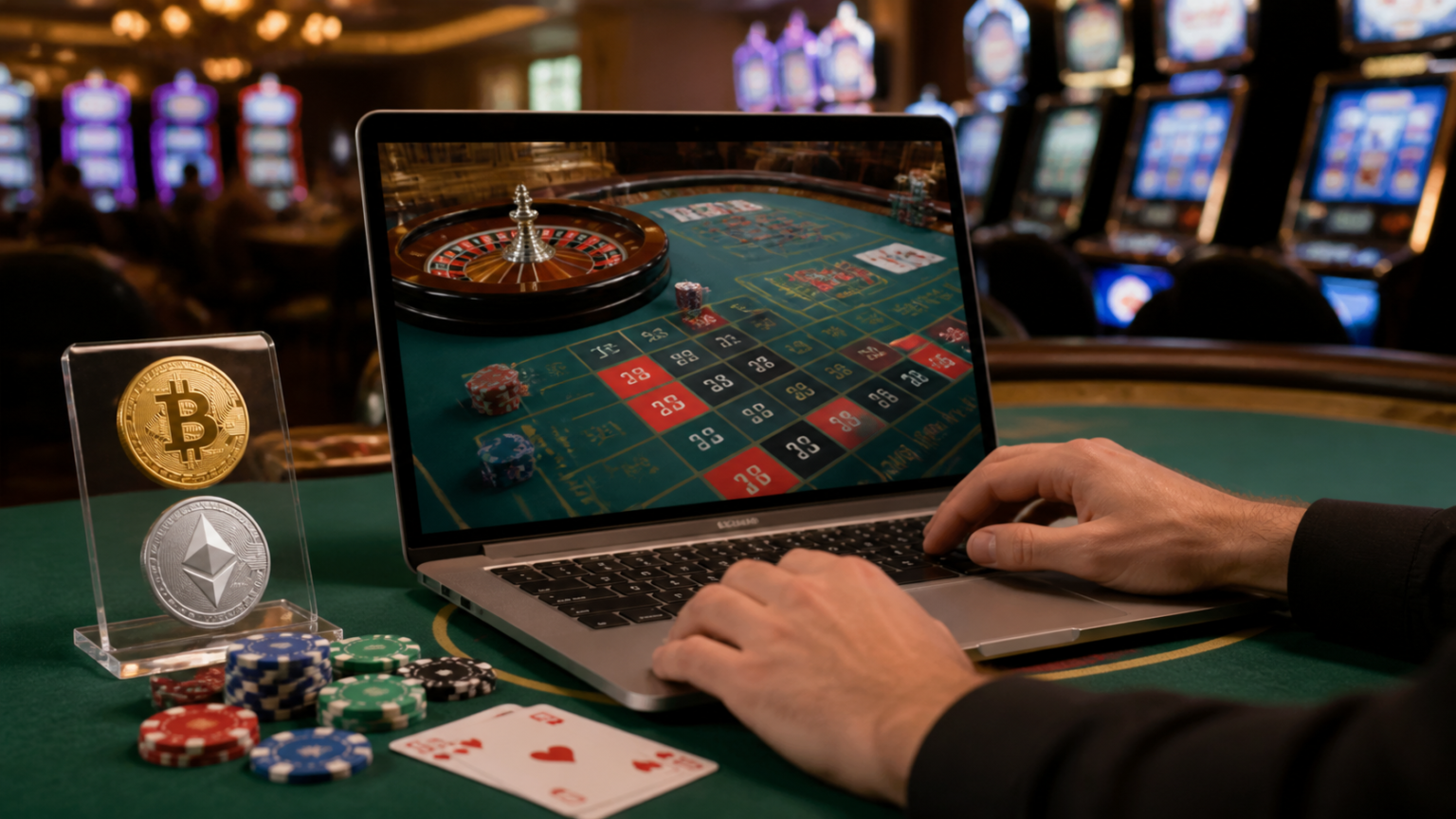 Laptop on a casino table showing crypto online casino gaming